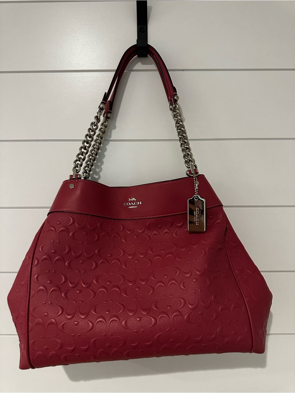 Coach pink Embossed Leather Tote with Chain-Detail